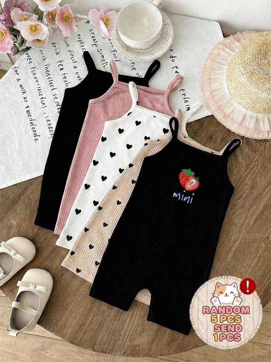 SHEIN LMoss Kids 女婴休闲简约卡通图案连体衣,适合夏季穿着 - 黑色 - 查看 1