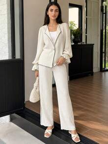 Solavon Bộ 2 món áo blouse tay bèo xòe phối màu tương phản thanh lịch và quần dài cho nữ, phù hợp mùa xuân và mùa thu - Màu be - Xem 2