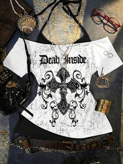 Attitoon Women's Y2K Fashion Street Punk Goth Sexy Cross & Letter Print Slim Fit 2 In 1 T-Shirt, Summer