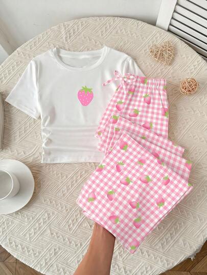 Tween Girls Printed T-Shirt & Leggings 2 Pieces Set, Casual Daily Fashion Versatile Pink Strawberry Pattern, Pink Checkered Strawberry Print