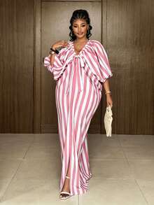 Maweii Plus Size V-Neck Puff Sleeve Bow Striped Vacation Dress Fall - Multicolor - View 4