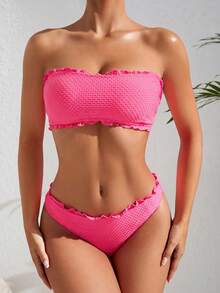 SHEIN Swim 女款紋理荷葉邊飾抹胸上衣與三角泳褲比基尼套裝 - 玫紅色 - 查看 3