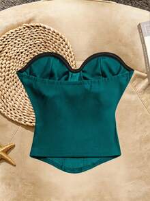 SHEIN Franclia 女士优雅度假风纯色弹力褶皱抹胸上衣 - 水鴨藍 - 查看 2