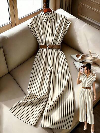 Franclia Women's Striped Fabric Shirt Collar Hooded Sleeve Belt Decor Jumpsuit, Commuter Style