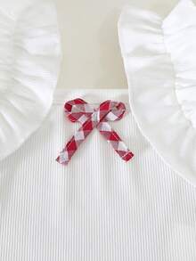 Young Girl Spring/Summer New Sweet College Style 2-Piece Set, White Solid Soft Ribbed Fabric Sleeveless Top Paired With Delicate Ruffle Trim Flutter Sleeve & Red Plaid Bow Decor Shorts Set - Red and White - View 8