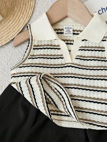 SHEIN LMoss Kids Babygirl Cute Summer Striped Polo Collar Tank Top And Elastic Waist Ruffle Shorts Set - Black - View 3