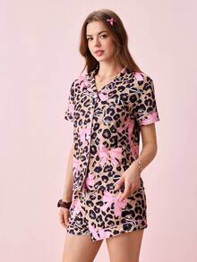 Bonmuse Marira 2pcs Leopard Bowknot Print Women Pajama Set, Collar Shirt Short Sleeve Comfortable Top And Elastic Waist Shorts Casual Wear - Pink - View 6