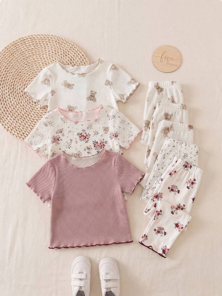 SHEIN 6pcs/Set Baby Girl Cute Cartoon Bear & Floral Print Ruffle Trim Round Neck Short Sleeve Pants Casual Comfy Knitted Pajamas Set - Pink - View 2
