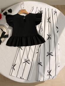 Set de 2 piezas Conjunto de verano para niñas con parte superior sin mangas con volantes en la espalda y pantalones con estampado de mariposas, casual y versátil, adecuado para vacaciones, salidas, compras, ir y venir - Negro - Ver 2