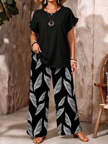 EMERY ROSE Plus Size Women Solid Color Short Sleeve Top And Botanical Print Wide Leg Pants Casual Alternative 2 Pieces Set Summer Outfit Vacation Black And White - Multicolor - View 3