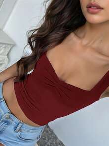 Rina Fox Top corto ajustado con cuello de corazón, busto fruncido y unicolor minimalista para mujer talla grande, para uso casual y de viaje en verano - Burdeos - Ver 1