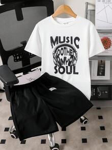 Mirajuku 2pcs/Set Boys' Casual Street Vintage City Graphic T-Shirt And Woven Shorts Set, Fashionable For Daily, Commute And Sports Wear - Black and White - View 2