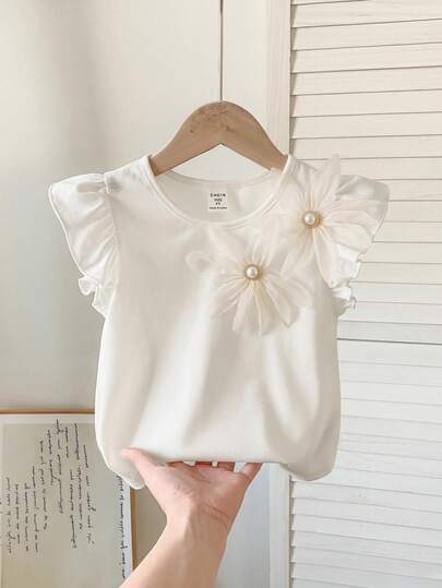 SHEIN Áo vest dệt kim họa tiết hoa 3D màu trơn dành cho bé gái