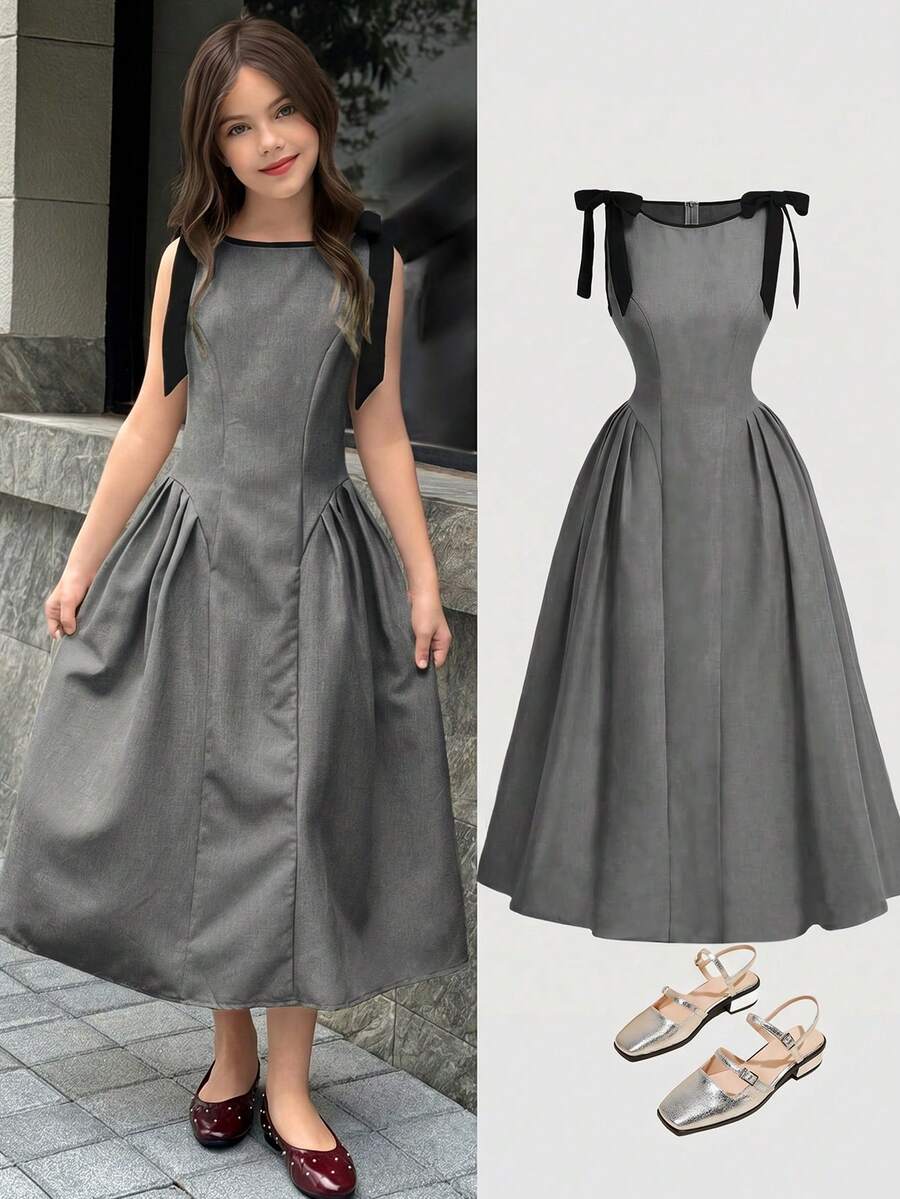 SHEIN 青少年女孩對比收腰長洋裝 休閒優雅時尚百搭 日常穿搭 適合典禮派對所有場合 新款女童洋裝 - 灰色 - 查看 1