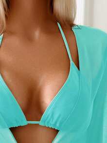 Swim Basics 女士纯色七分袖防晒沙滩度假和服罩衫 - 薄荷綠 - 查看 3