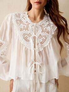 CielaLinda Áo sơ mi nữ phối ren Tencel, kiểu buộc dây phía trước, màu trắng, phong cách bohemian, thường ngày, thích hợp cho kỳ nghỉ. - trắng - Xem 3