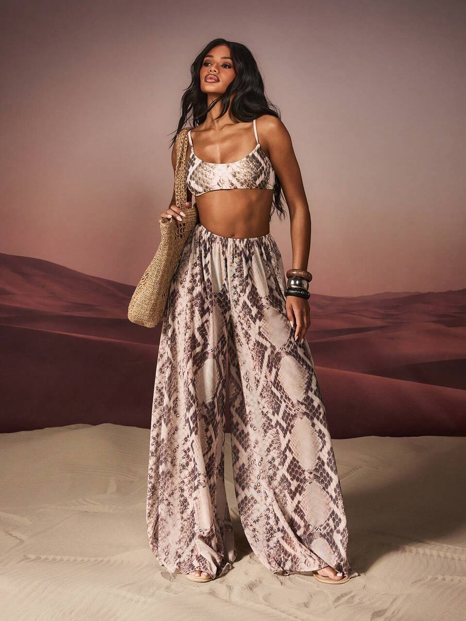 MISSGUIDED Snake Print Wide Leg Beach Cover Up Pants With Elastic Waist, Flowy Summer Resort Vacation Coverup