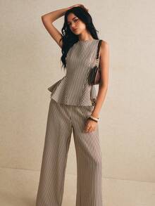 Poéselle Women's Black And White Checkered Ruffle Hem Camisole And Casual Frenchy Elegant Pants 2 Pieces Set City Break Daytime Summer - Coffee Brown - View 5