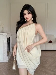Celisse 女士夏季时尚沙滩度假水钻金属装饰褶皱短裙 - 黃色 - 查看 5
