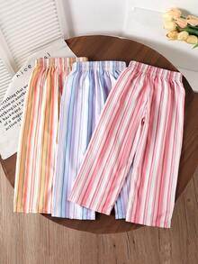 Genkimix Kids Bộ 3 quần ống đứng dáng rộng kẻ sọc tối giản, phù hợp cho bé gái 4-7 tuổi, thoải mái khi mặc ngoài trời và ở nhà, kiểu quần kẻ sọc thời thượng cho mùa xuân và mùa thu. - Nhiều màu - Xem 2