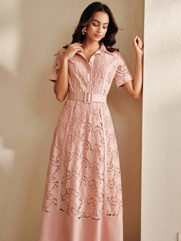 Vestido corto de mujer elegante de encaje rosa con mangas cortas y falda acampanada, vestido largo de verano para uso casual, boda, fiesta, vacaciones