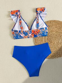 Swim Lushoire Women's Hot Pink Aqua Blue Floral Tropical Leaf Print Ruffle Bikini Set Boho Tropical High Waisted Two Pieces Bathing Suit Summer Beach Vacation - Multicolor - View 8