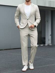 Manfinity Mode Men's Solid-Color Lapel Casual Formal Suit Set,Linen Fabric,Men's Lightweight, Breathable And Cool For Spring Summer,Slim Fit Men Suits Elegant Outfit, Ceremony - Light Grey - View 5