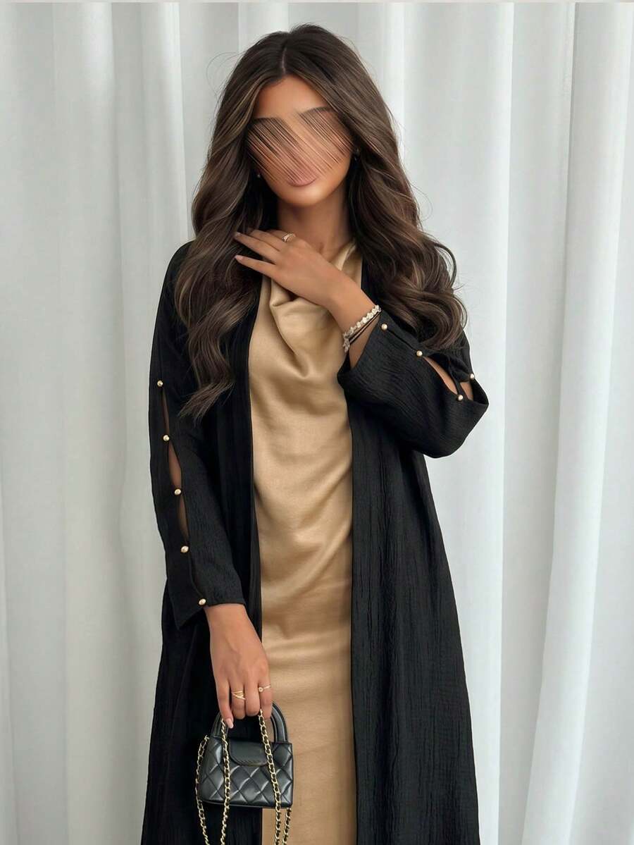 Graceveil 女士纯色长款大衣和无袖连衣裙阿拉伯风格套装，端庄，长袍，阿巴雅 - 黑色 - 查看 1
