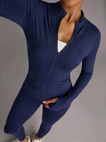 SHEIN BAE Women's Solid Color Minimalist Casual Long Sleeve Sports Jacket - Navy Blue - View 4