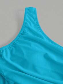 Swim Oasis One-Piece Swimsuit With Solid Color Ruched Mesh Panel And Sarong Skirt - Blue - View 6
