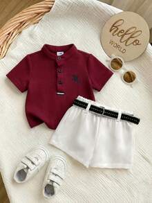 Newborn Baby Boy Cute Collegiate Style Knit Red Short Sleeve Top And Elastic Waist Shorts Set - Burgundy - View 6
