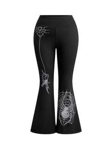 ROMWE Plus Size Gothic Spider Print High Waist Skinny Flare Pants Fall - Black - View 1