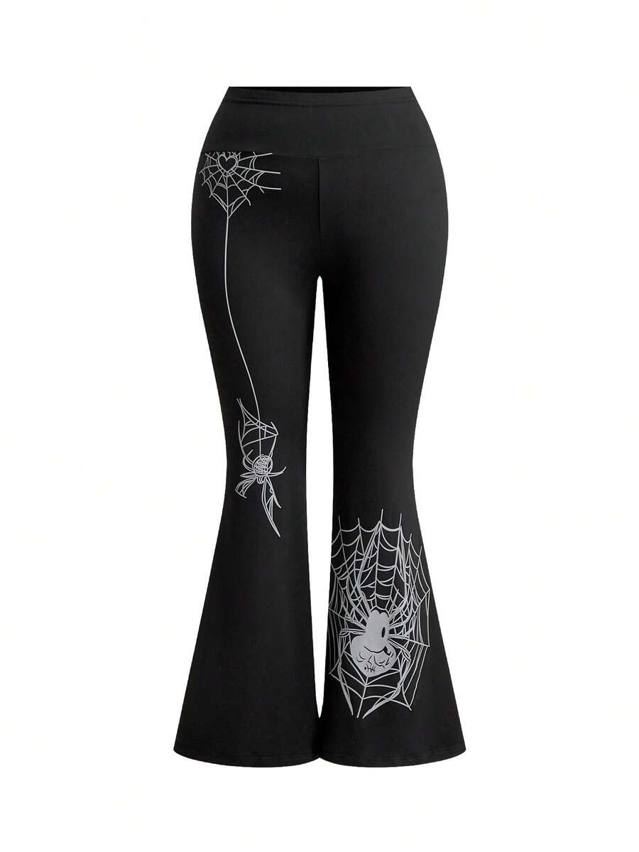 ROMWE Plus Size Gothic Spider Print High Waist Skinny Flare Pants Fall - Black - View 1