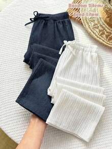 SHEIN Tween Girls' White High-Waisted Textured Fabric Pants, Suitable For Summer - White - View 1