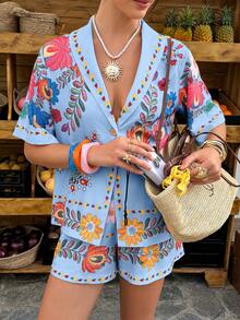 Louniche Light Blue Floral Two Pieces Set,Summer Boho Short-Sleeve Blazer & Shorts,Beach Vacation Holiday,Gold Button Accents,Colorful Prints Casual Outfits - Multicolor - View 5