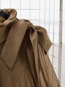 GlowEve CURVE Plus Size Women's Round Neck Ruffle Trim Bow Tie Puff Sleeve Mesh Patchwork Pleated Black Maxi Dress - Mocha Brown - View 3