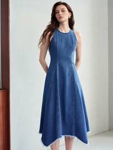 MOTF PREMIUM Đầm denim dáng chữ A, gấu bất đối xứng, chất liệu denim, dành cho nữ, thích hợp cho mùa xuân/hè. - Màu xanh lam - Xem 5