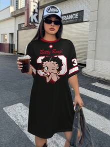 Betty Boop x SHEIN Plus Size Cartoon Print Short Sleeve Dress - White - View 1