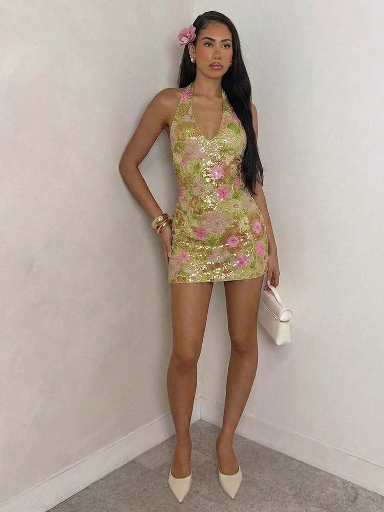 Glamine 女士性感优雅迷你连衣裙，多色亮片刺绣时尚连衣裙，休闲度假/派对/夜店装扮 - 綠色 - 查看 3