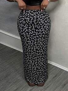 SHEIN Tall CURVE 大码女式休闲碎花长裙 - 黑與白 - 查看 5