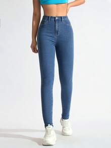SHEIN Tall Women's Fashion Versatile Pocket Button Skinny Jeans, Slim Fit - Medium Wash - View 3
