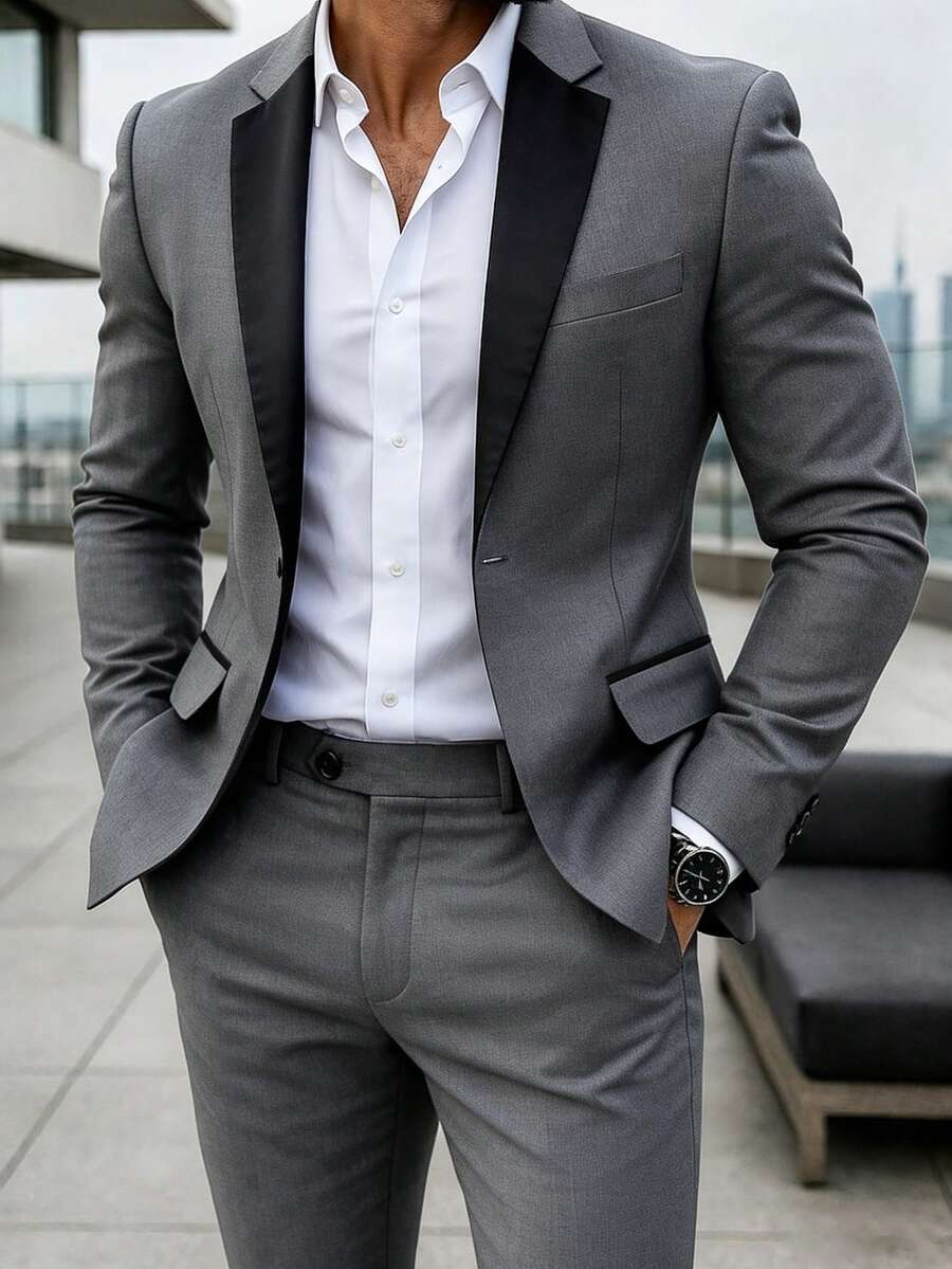 Manfinity Mode 男士灰色商務休閒優雅對比黑領單排扣西裝外套與長褲套裝,婚禮賓客儀式秋季宴會正裝穿搭 - 灰色 - 查看 1