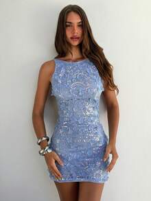 Aloruh New Elegant Sexy Backless Mini Dress, Suitable For Beach, Resort, Party, Green Solid Color Beaded Embroidery Backless Sleeveless Mini Dress - Blue - View 5