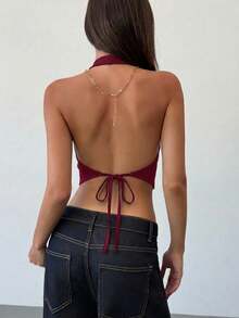 Aloruh Áo camisole thời trang cổ yếm màu trơn dành cho nữ - Màu Đỏ Sâu - Xem 2