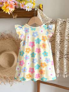 Cozy Pixies Baby Girls Pale Yellow Floral Print Knit Dress,Cute Summer Vacation Holiday Cap Sleeve Casual Elastic Dress,Bohemian Party Style,Spring Trip Outfit - Multicolor - View 2