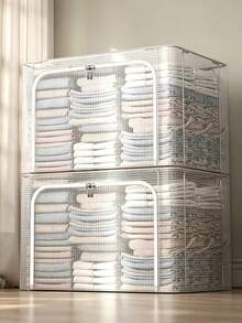 1 Set Of 66L Transparent PVC Storage Box, Large Waterproof Household Steel Frame Box For Storing Clothes, Blankets, Organizing Box, Foldable Wardrobe Storage Box - White - View 8