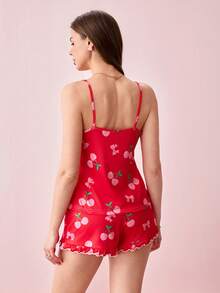 Bonmuse Damen Kirschgrafik Cami-Top mit Schleifenbändern und Rüschen-Details an Shorts, Sommer Pyjama-Set - Verschiedenfarbig - Übersicht 2