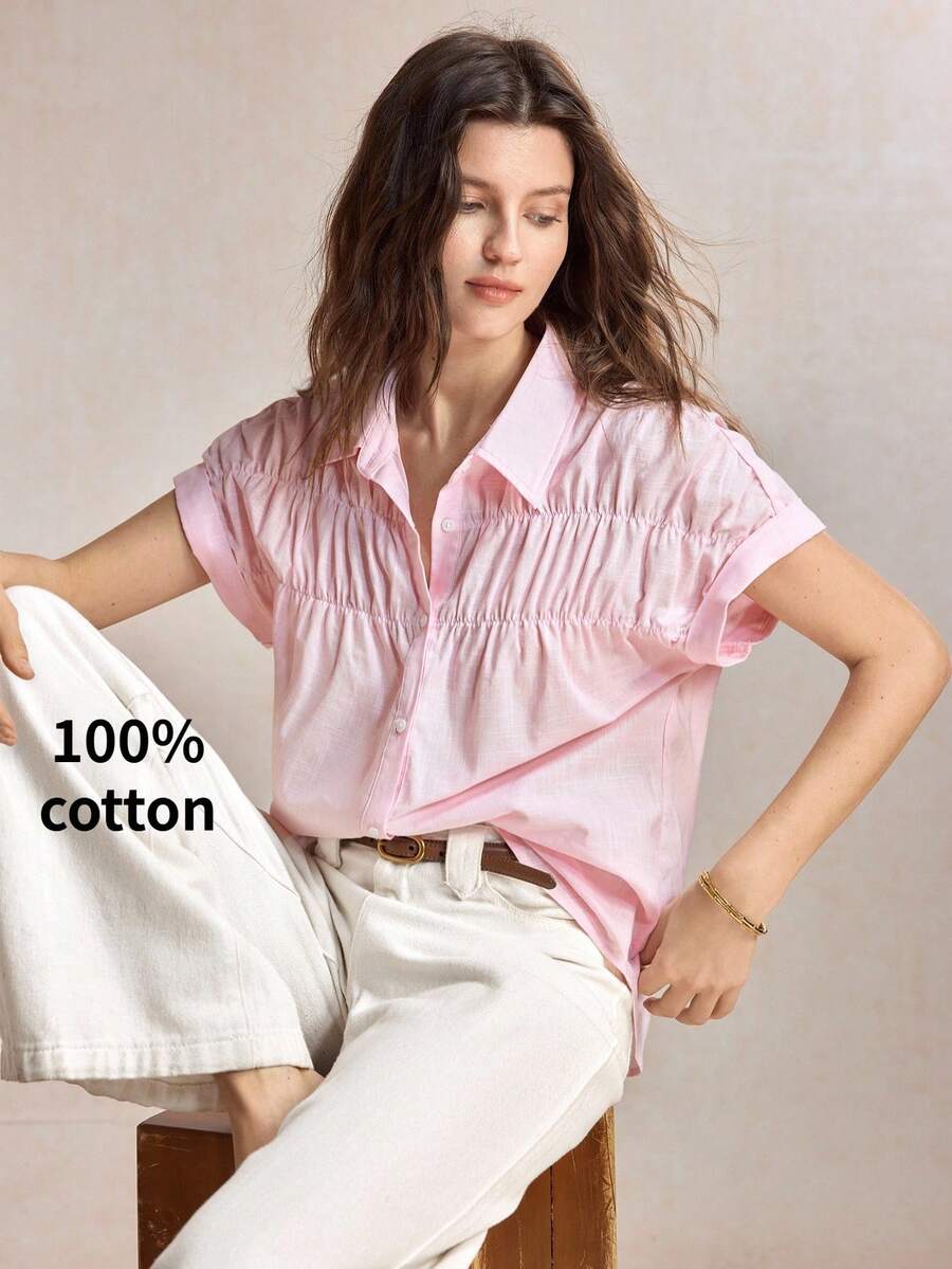 BizChic Áo sơ mi hồng cổ nhún mới mùa Xuân/Hè 2026, đa năng, dễ phối đồ, phù hợp cho nhiều dịp: đi làm, hàng ngày, thường ngày, phong cách lãng mạn thập niên 90, dự tiệc, đi biển, lễ tốt nghiệp, khách dự đám cưới, phù dâu, chủ nhà, đi chơi, sự kiện xã hội, buổi hòa nhạc, biểu diễn, bữa ăn sáng muộn, sân bay. - Hồng - Xem 1
