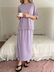 DAZY Women's Solid Color Round Neck Drop Shoulder Short Sleeve Loose Casual Summer Pajama Set - Dusty Purple - View 3