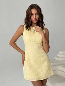 SHEIN EZwear 女士时尚百搭条纹露背性感连衣裙 - 鵝黃色 - 查看 3